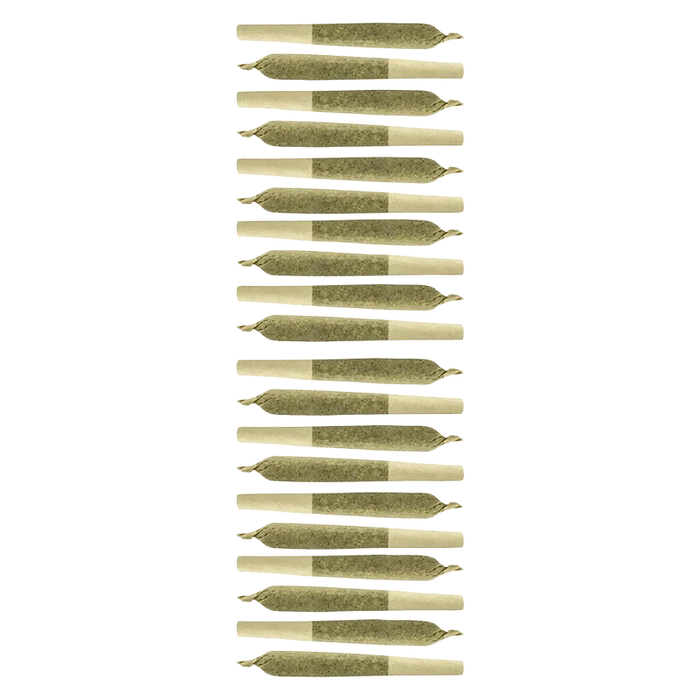 Top-down view of a vertical stack of uniformly rolled joints for Key Lime Pie PR 20 x 0.35 g against a pale green background.