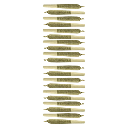 Top-down view of a vertical stack of uniformly rolled joints for Key Lime Pie PR 20 x 0.35 g against a pale green background.