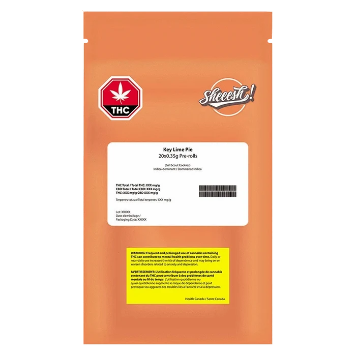 Center-view of an orange resealable pouch labeled "Key Lime Pie PR 20 x 0.35 g" with a white info panel, THC icon, and yellow warning box.