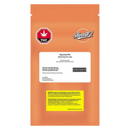Center-view of an orange resealable pouch labeled "Key Lime Pie PR 20 x 0.35 g" with a white info panel, THC icon, and yellow warning box.