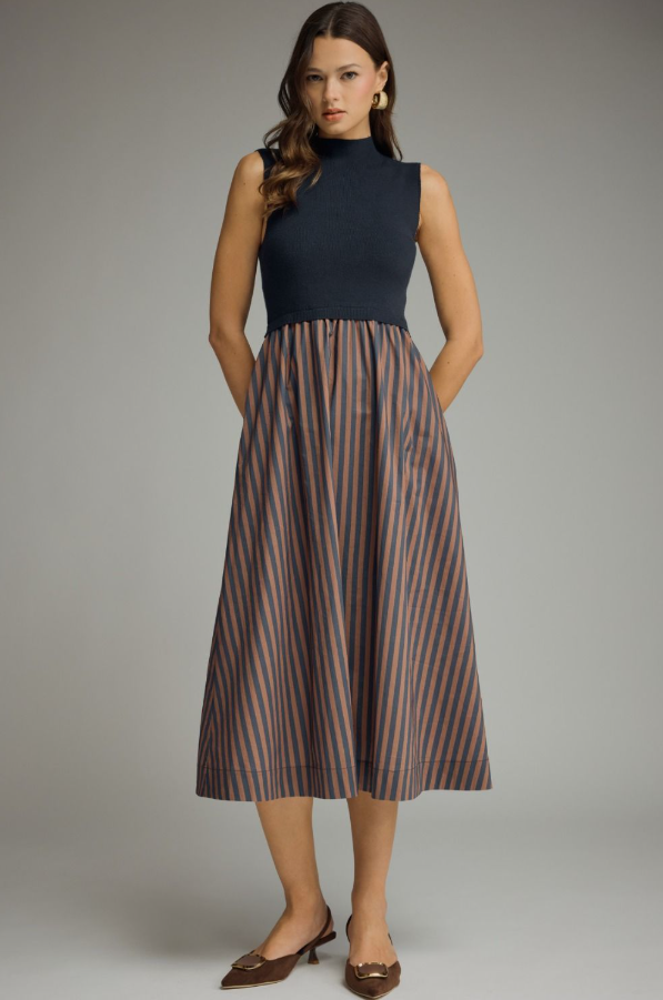 Knit and Striped Bottom Navy Midi Dress Dresses in S at Wrapsody