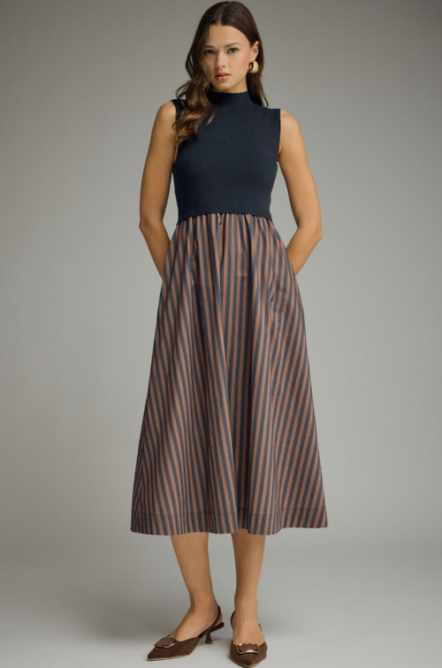 Knit and Striped Bottom Navy Midi Dress Dresses in S at Wrapsody