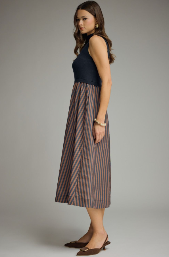 Knit and Striped Bottom Navy Midi Dress Dresses in at Wrapsody