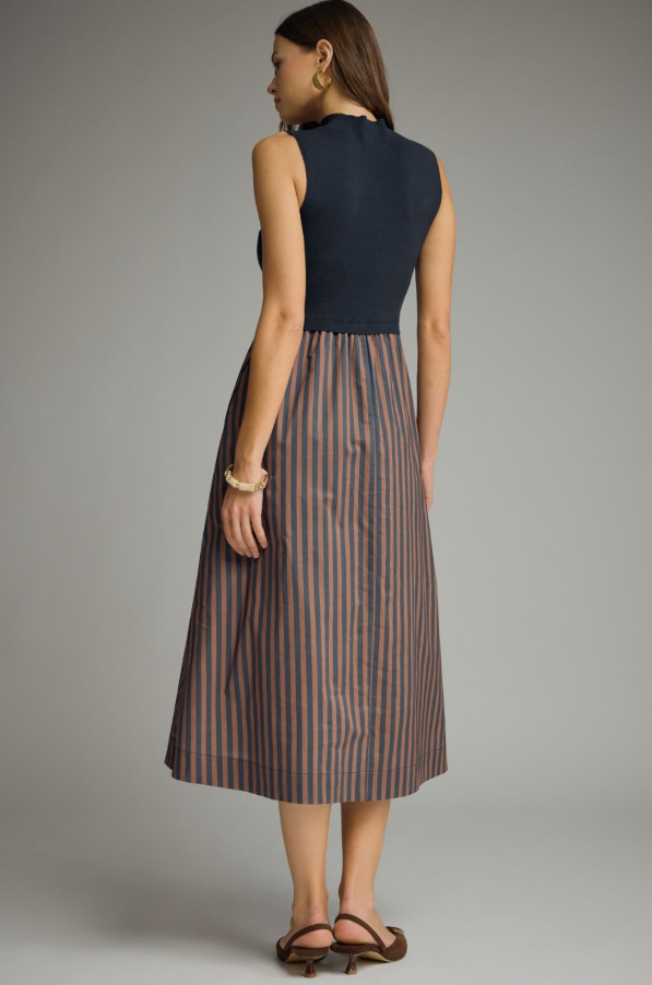 Knit and Striped Bottom Navy Midi Dress Dresses in at Wrapsody