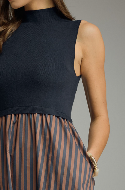 Knit and Striped Bottom Navy Midi Dress Dresses in at Wrapsody