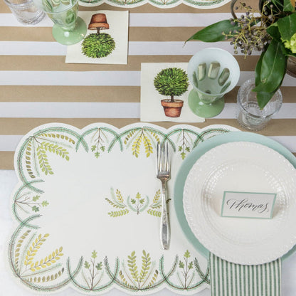 An elegant table setting with Hester & Cook's Kraft White Classic Stripe Runner.