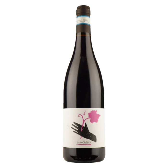 Barbera wine bottle by La Morella, dark glass with pink-and-white label