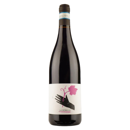 Barbera wine bottle by La Morella, dark glass with pink-and-white label