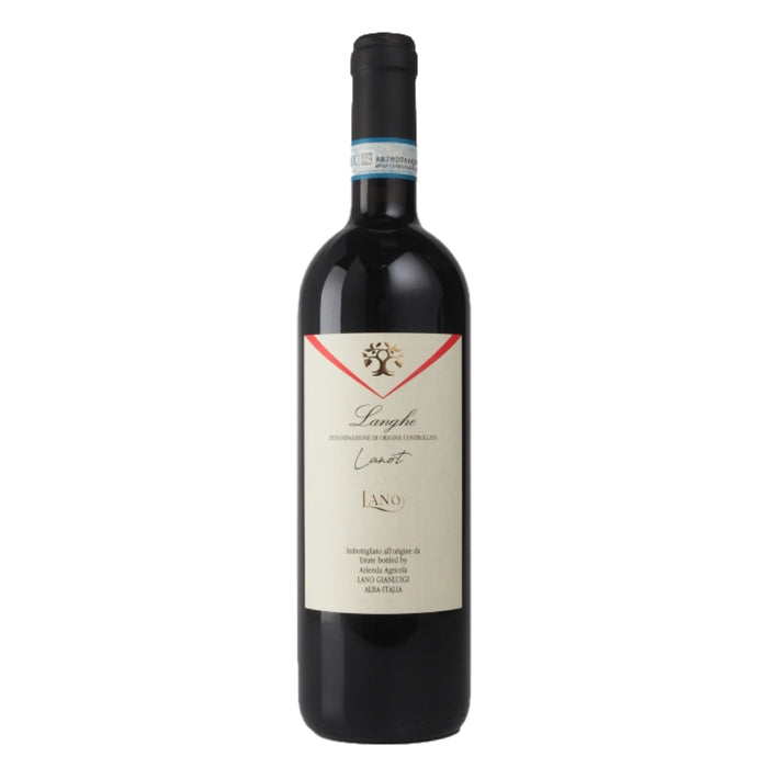 Italian red wine bottle with dark glass and label reading Langhe and LANO