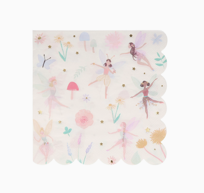 Scallop-edged napkin with fairy and floral design on a white background