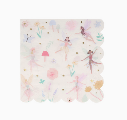 Scallop-edged napkin with fairy and floral design on a white background