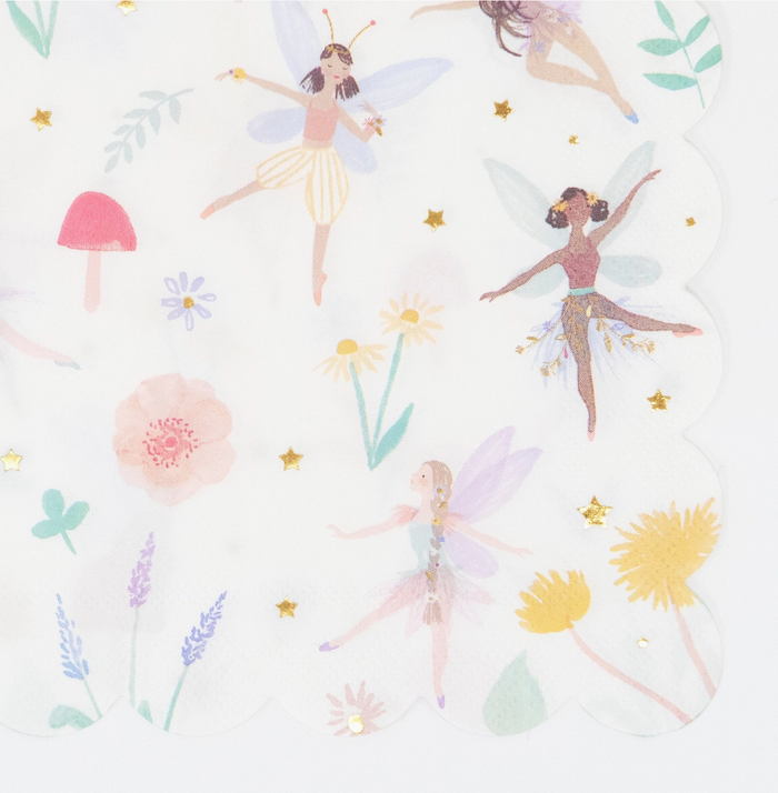 Pattern of fairies and flowers on a light background