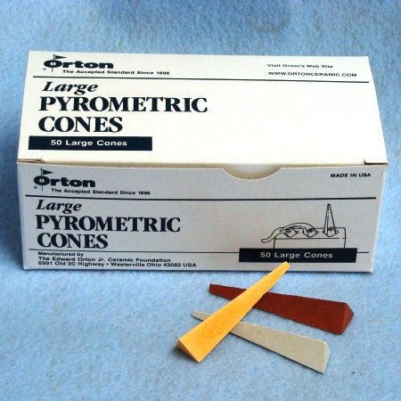 Orton Large SR Cones, box of 50 large pyrometric cones with three loose cones in yellow, red-brown and white