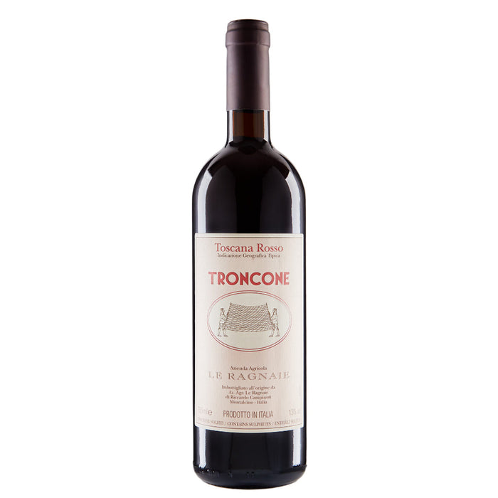 Red wine bottle with dark glass and paper label, cork top