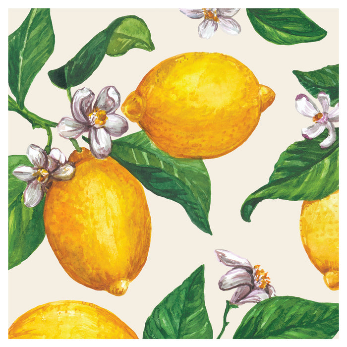 A square cocktail napkin featuring a seamless pattern of lemons and flowers on a white background. The vibrant colors of the Hester & Cook Lemons Napkins add a refreshing touch to the design.