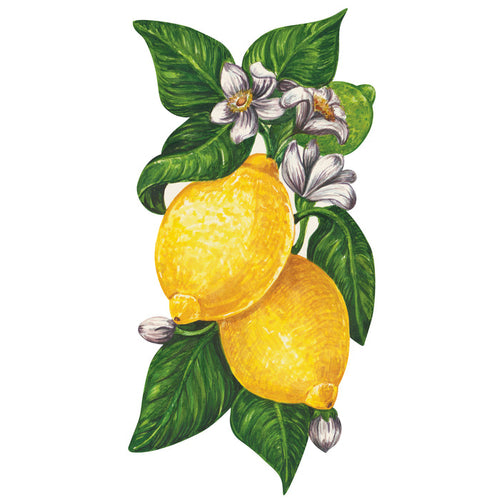 A die-cut illustration of two vibrant yellow lemons framed with deep green leaves and white blooms.