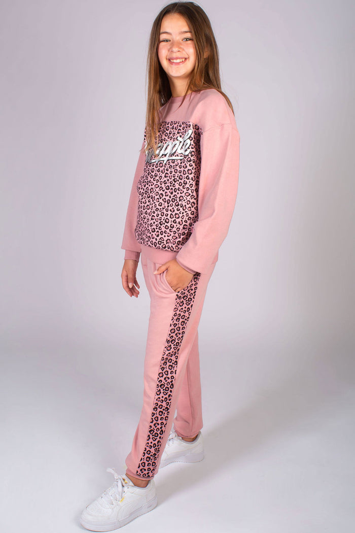 Pineapple leopard logo sweatshirt in pink for girls paired with leopard panel pink dance joggers