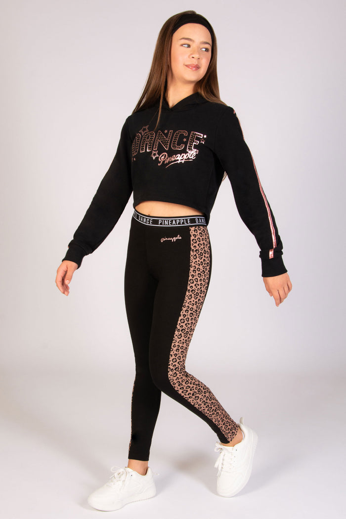 Girls' black leggings with leopard panels on the side