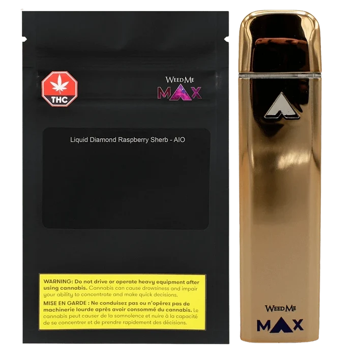 Front-on product shot of the Liquid Diamond Raspberry Sherb Disposable Vape showing a glossy gold device standing upright beside its black WeedMe MAX labeled pouch.
