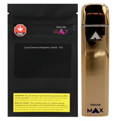Front-on product shot of the Liquid Diamond Raspberry Sherb Disposable Vape showing a glossy gold device standing upright beside its black WeedMe MAX labeled pouch.