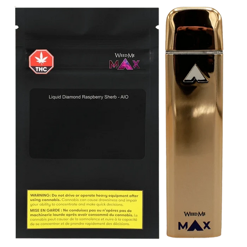 Front-on product shot of the Liquid Diamond Raspberry Sherb Disposable Vape showing a glossy gold device standing upright beside its black WeedMe MAX labeled pouch.