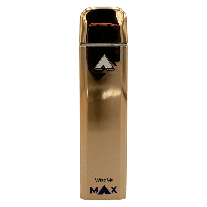 Straight-on view of a reflective gold Liquid Diamond Raspberry Sherb Disposable Vape standing upright with a small logo near the top and "MAX" branding at the base