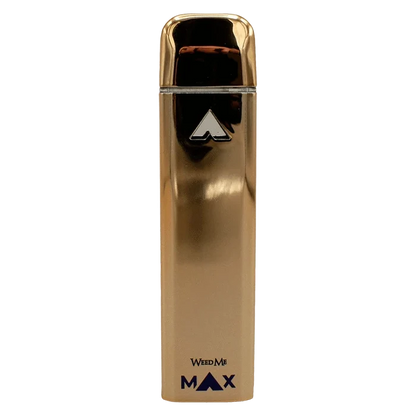 Straight-on view of a reflective gold Liquid Diamond Raspberry Sherb Disposable Vape standing upright with a small logo near the top and "MAX" branding at the base