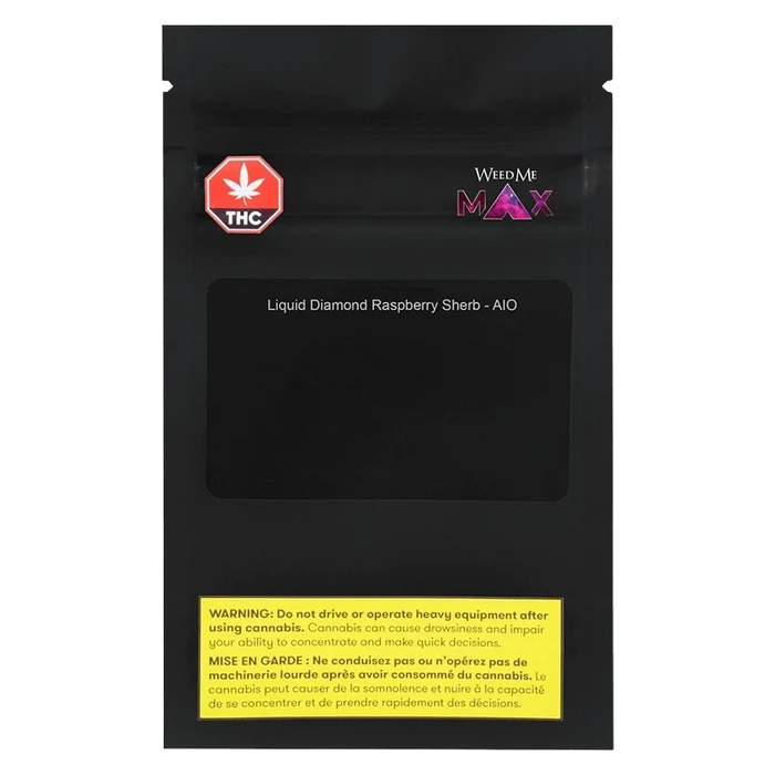 Flat front view of a black pouch labeled "Liquid Diamond Raspberry Sherb Disposable Vape" with a THC icon, WeedMe MAX logo, and yellow warning box at the bottom