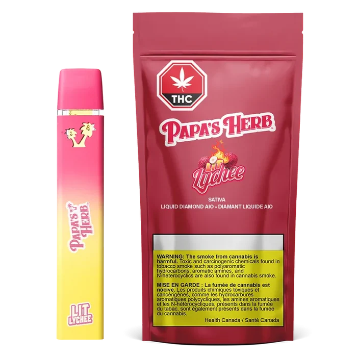 Front-facing product shot of a pink-to-yellow gradient Lit Lychee Saucy Liquid Diamond Cartridge standing beside matching red Papa's Herb pouch.