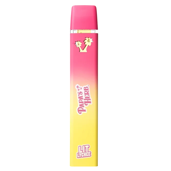 Straight-on view of a pink-to-yellow gradient Lit Lychee Saucy Liquid Diamond Cartridge with tropical logos centered on a white background