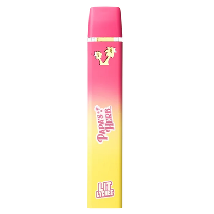 Straight-on view of a pink-to-yellow gradient Lit Lychee Saucy Liquid Diamond Cartridge with tropical logos centered on a white background