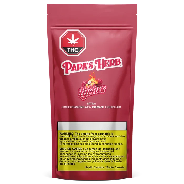 Front-facing pouch shot of the Lit Lychee Saucy Liquid Diamond Cartridge packaging, a red Papa's Herb bag with logo, lychee graphic, THC symbol and yellow warning panel.
