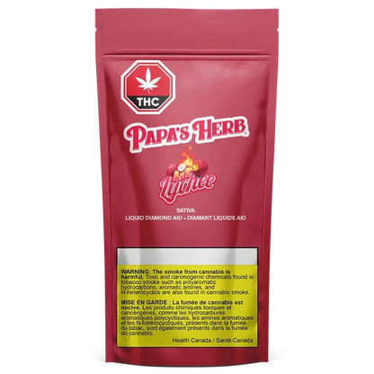 Front-facing pouch shot of the Lit Lychee Saucy Liquid Diamond Cartridge packaging, a red Papa's Herb bag with logo, lychee graphic, THC symbol and yellow warning panel.