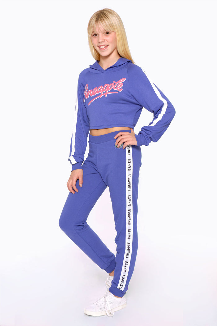 Girl wearing Blue Denim Logo Crop Hoodie