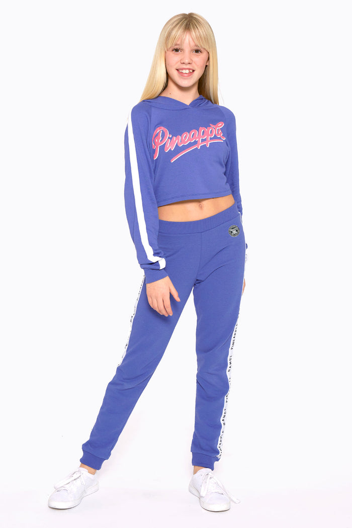 Girl wearing Pineapple Blue Denim Logo Crop Hoodie