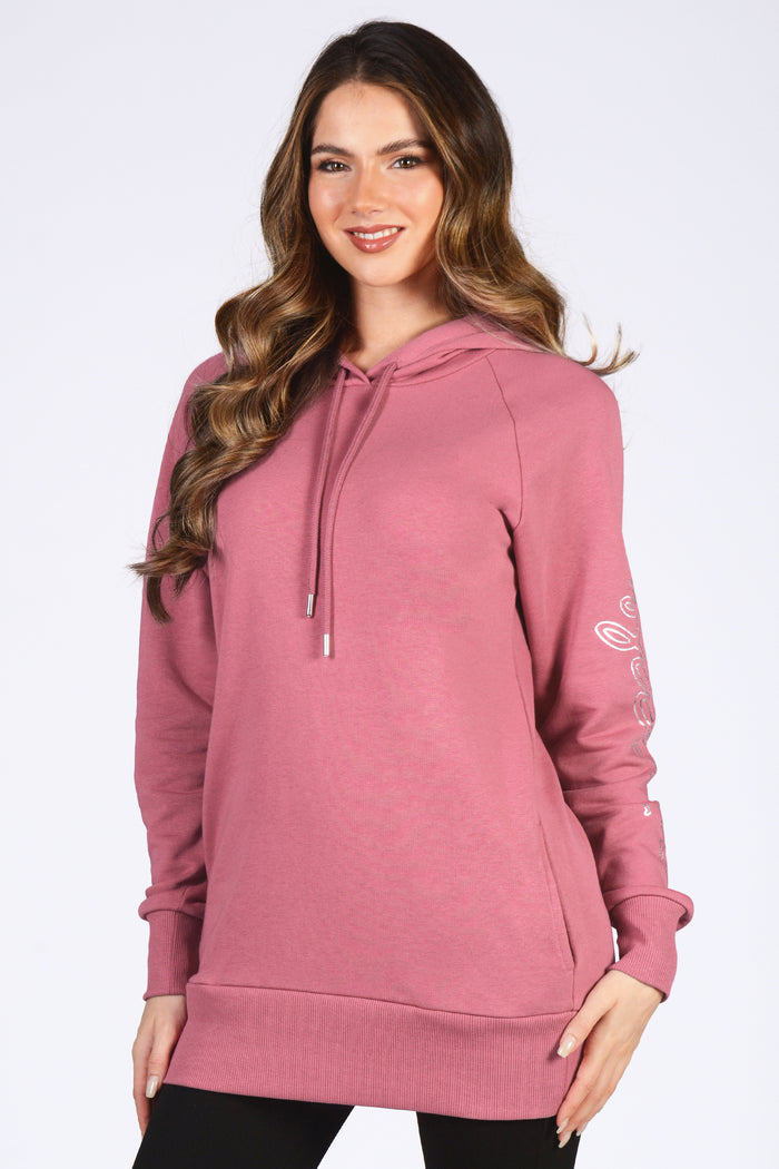 women's pink longline hoodie with pockets and drawstrings