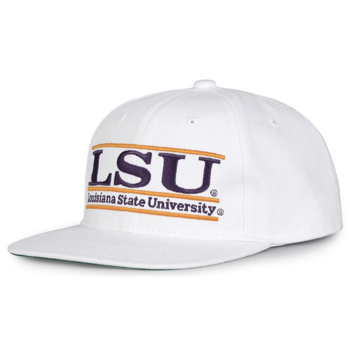 LSU Retro Bar snapback hat in white, angled view