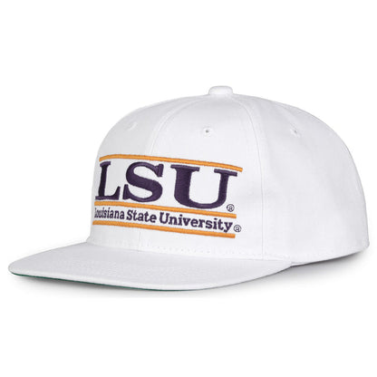 LSU Retro Bar snapback hat in white, angled view
