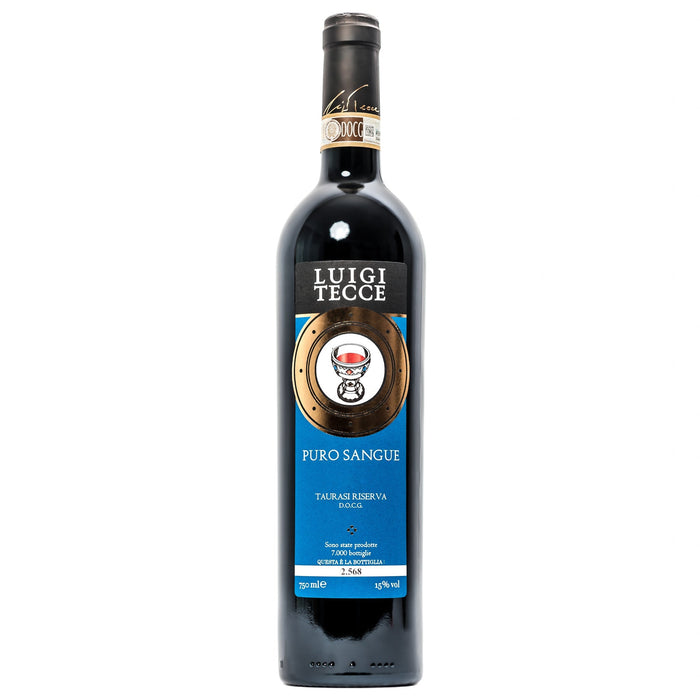 Luigi Tecce wine bottle, dark red bottle with front label and blue Puro Sangue panel