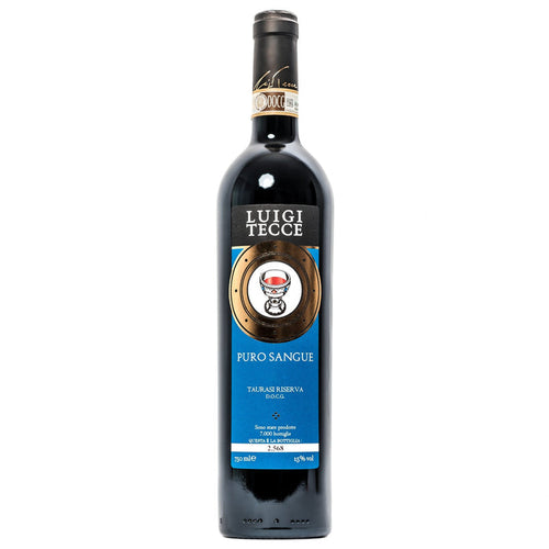 Luigi Tecce wine bottle, dark red bottle with front label and blue Puro Sangue panel
