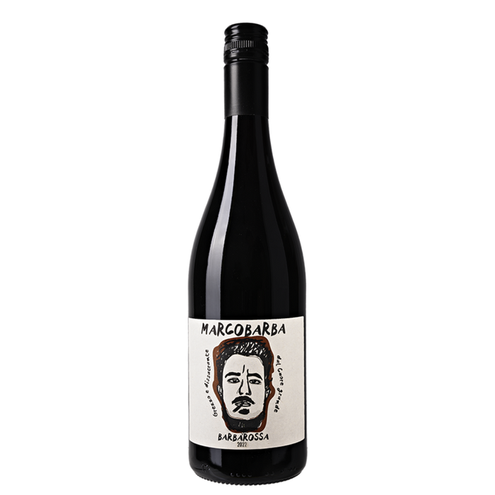 Red wine bottle with MARCOBARBA label and illustrated face, Barbarossa 2022