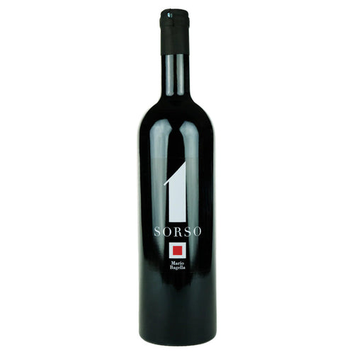 Mario Bagella wine bottle with SORSO label, black glass, cork top