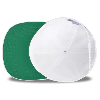 Marshall Retro Bar snapback hat in white, interior view showing the green undervisor