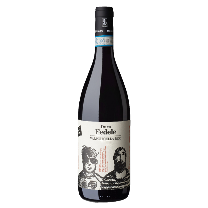 Wine bottle with dark red foil and illustrated front label