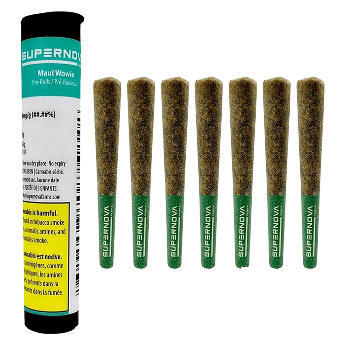 Row of seven pre-rolled joints with green "SUPERNOVA" tips next to a teal-and-white SUPERNOVA Maui Wowie PR 7 x 0.5 g tube on a white background