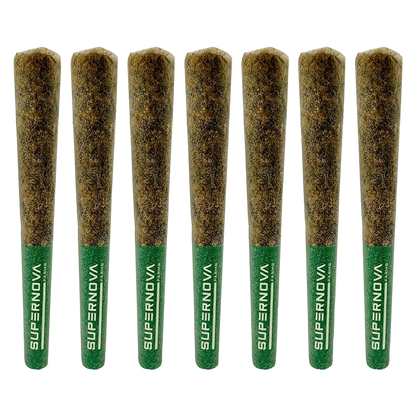 Row of seven upright Maui Wowie PR 7 x 0.5 g pre-rolls with green "SUPERNOVA" tips, evenly spaced on a neutral background.
