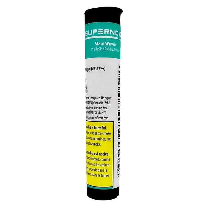 Tall front-facing tube labeled "Maui Wowie PR 7 x 0.5 g" with teal header, white body text and a yellow warning box on a plain background