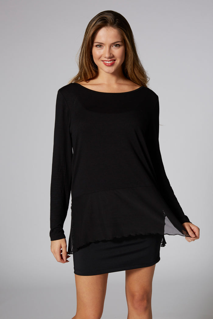 Woman wearing Pineapple Black Mesh Hem Long Sleeve Top
