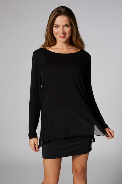 Woman wearing Pineapple Black Mesh Hem Long Sleeve Top
