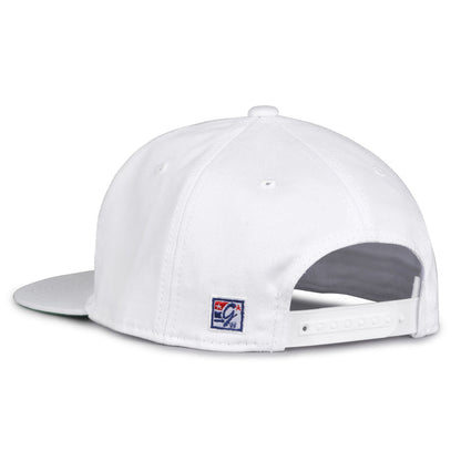 Michigan Retro Bar snapback hat in white, rear view showing the adjustable snap closure